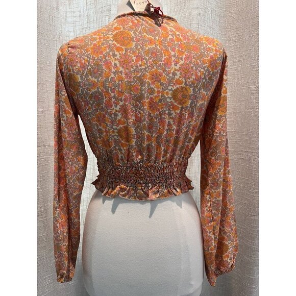 Anthropologie Raga Smocked Blouse Long Sleeves V-neck Floral Casual small Boho - Picture 4 of 9